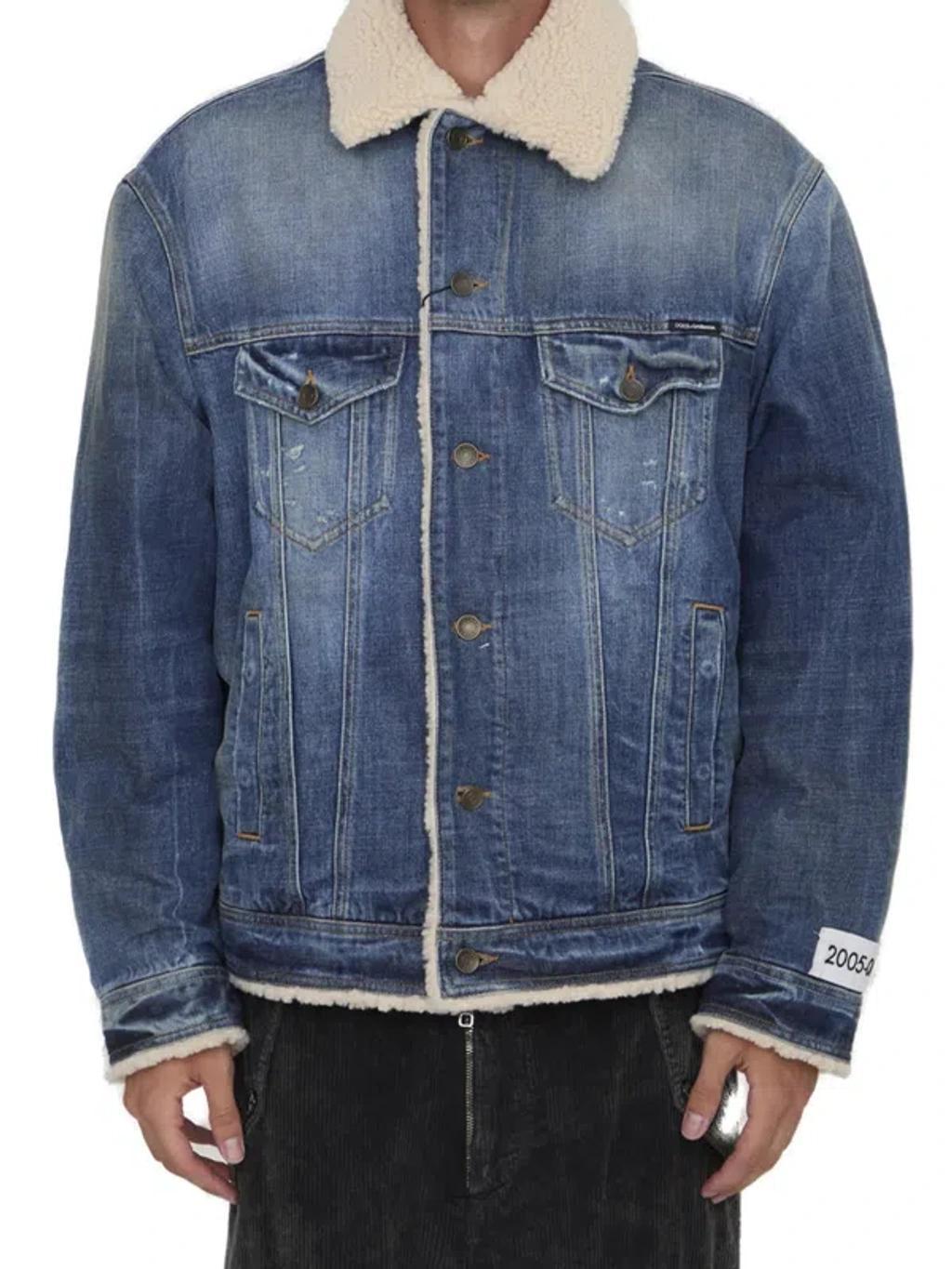 Distressed Denim Teddy Jacket In Navy Product Image