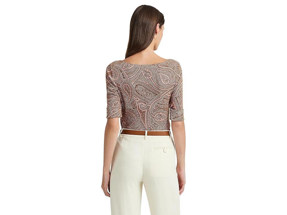 LAUREN Ralph Lauren Paisley Stretch Cotton Boatneck Tee Cream/Pink) Women's Clothing Product Image