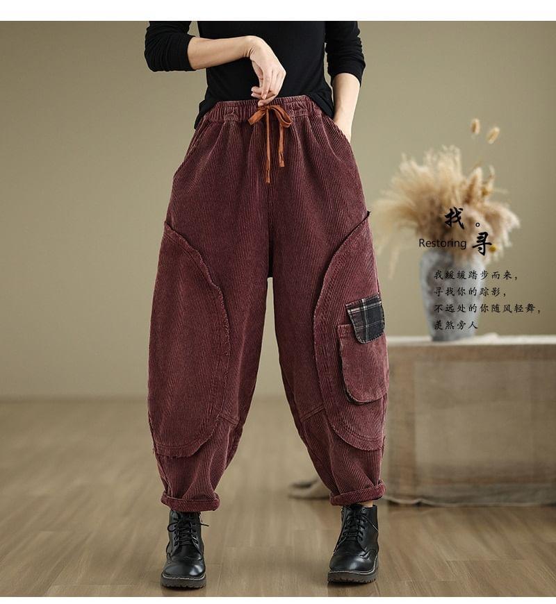 Drawstring Waist Plaid Panel Corduroy Cropped Baggy Pants Product Image