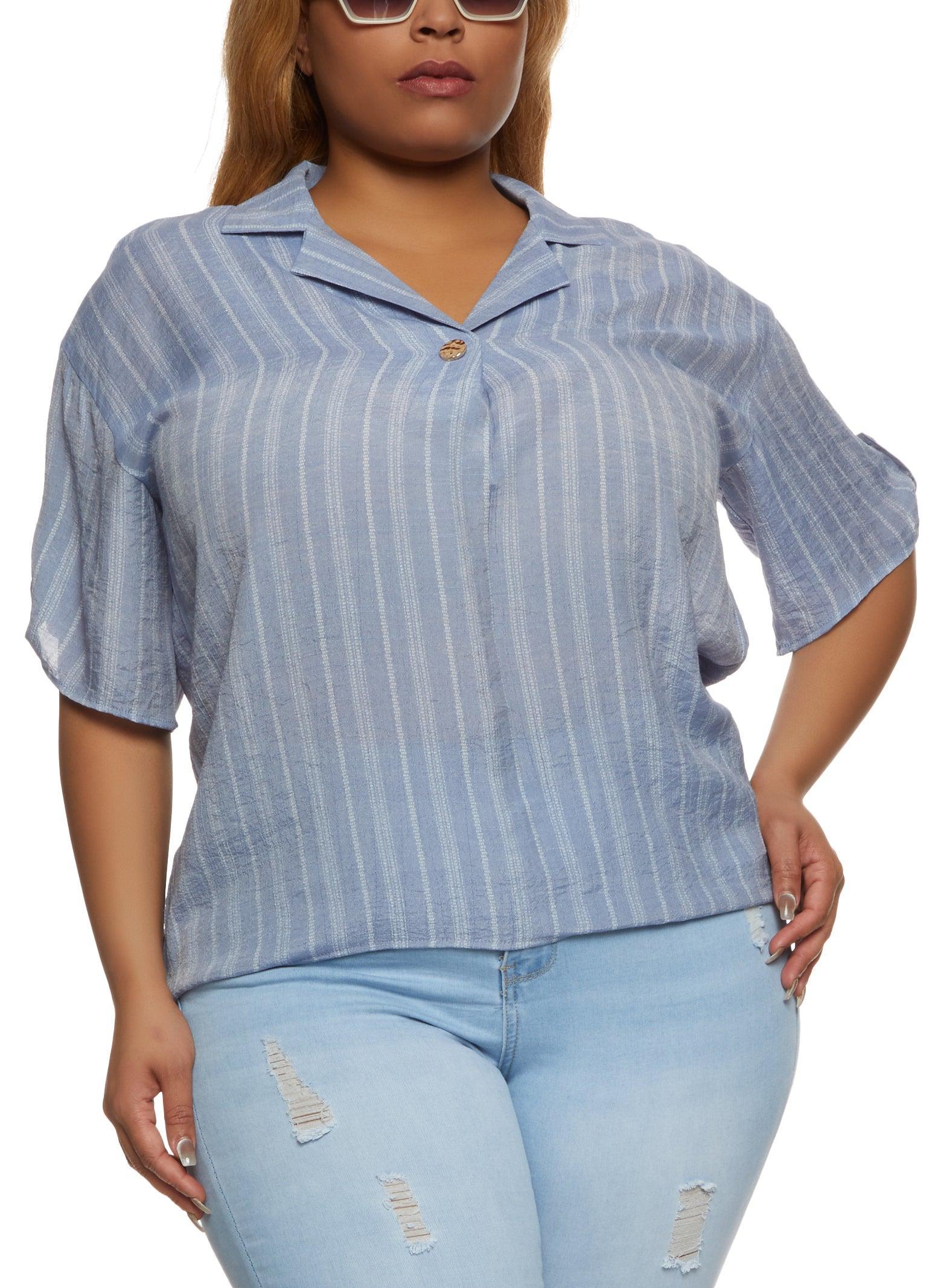 Womens Plus Size Striped Gauze Knit Tabbed Sleeve Shirt Product Image