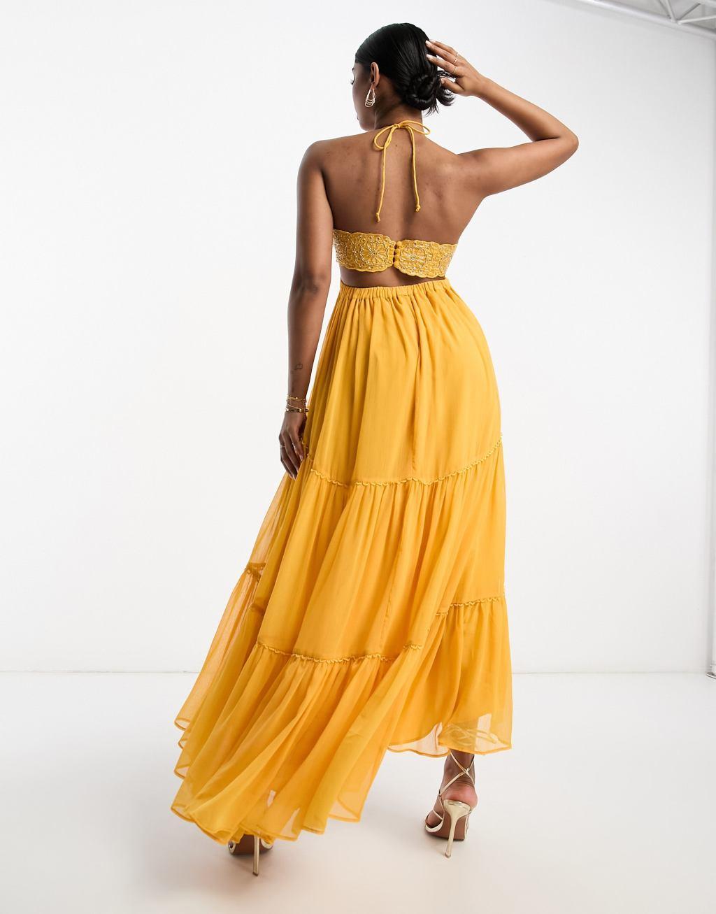 ASOS DESIGN embellished bodice tiered maxi dress with hi low hem and open back in mustard Product Image