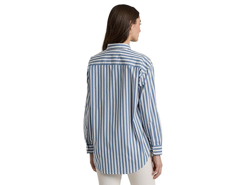 LAUREN Ralph Lauren Petite Oversize Striped Cotton Broadcloth Shirt (Pale Azure/White) Women's Clothing Product Image