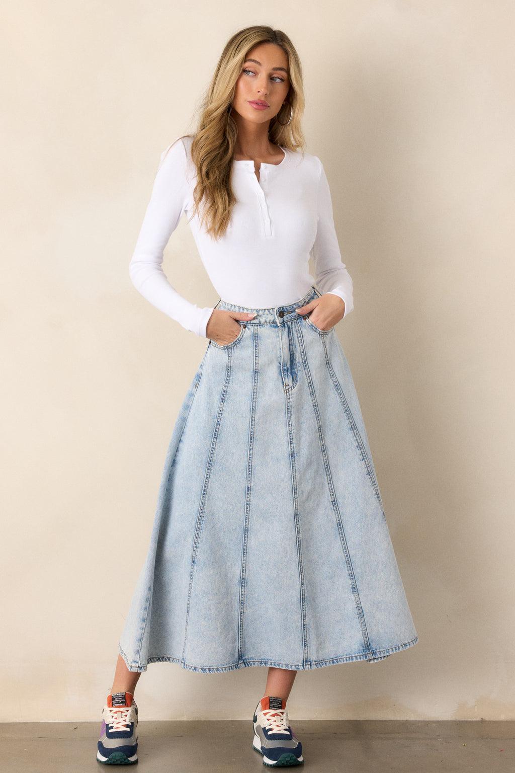 Rustic Dream Light Wash Denim Maxi Skirt Product Image