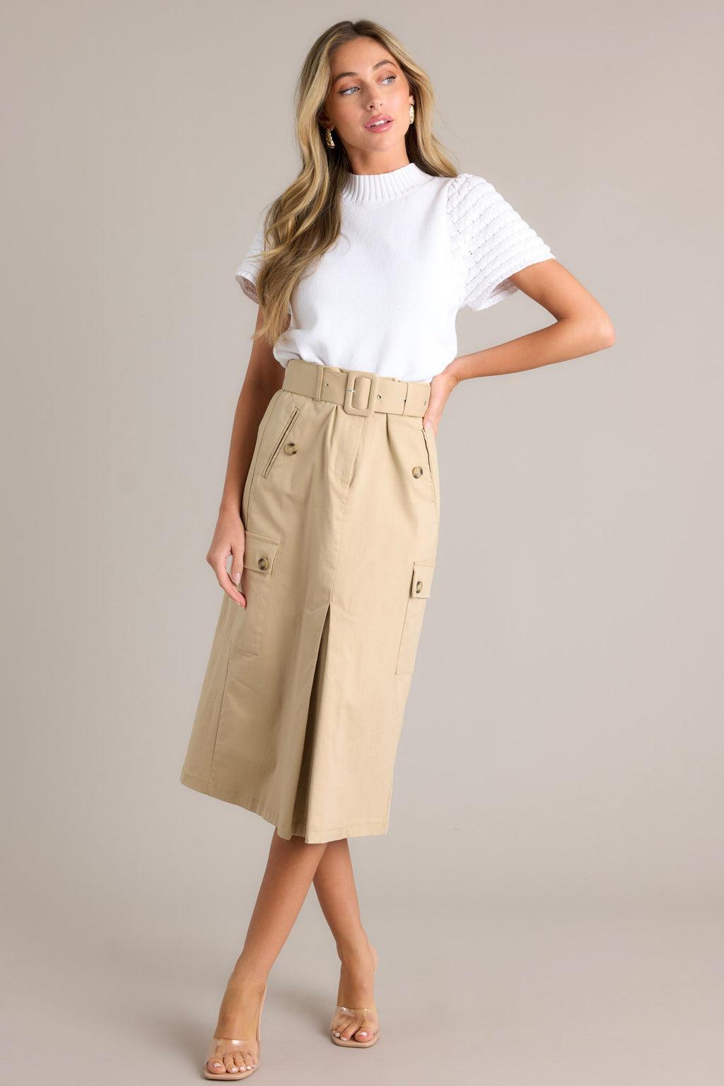 Living In The Now Beige Belted Cargo Midi Skirt Product Image