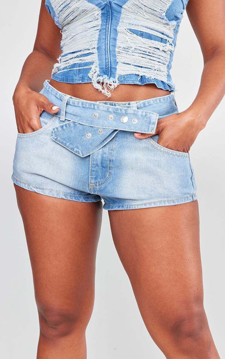 Shape Light Blue Denim Belted Low Rise Shorts Product Image