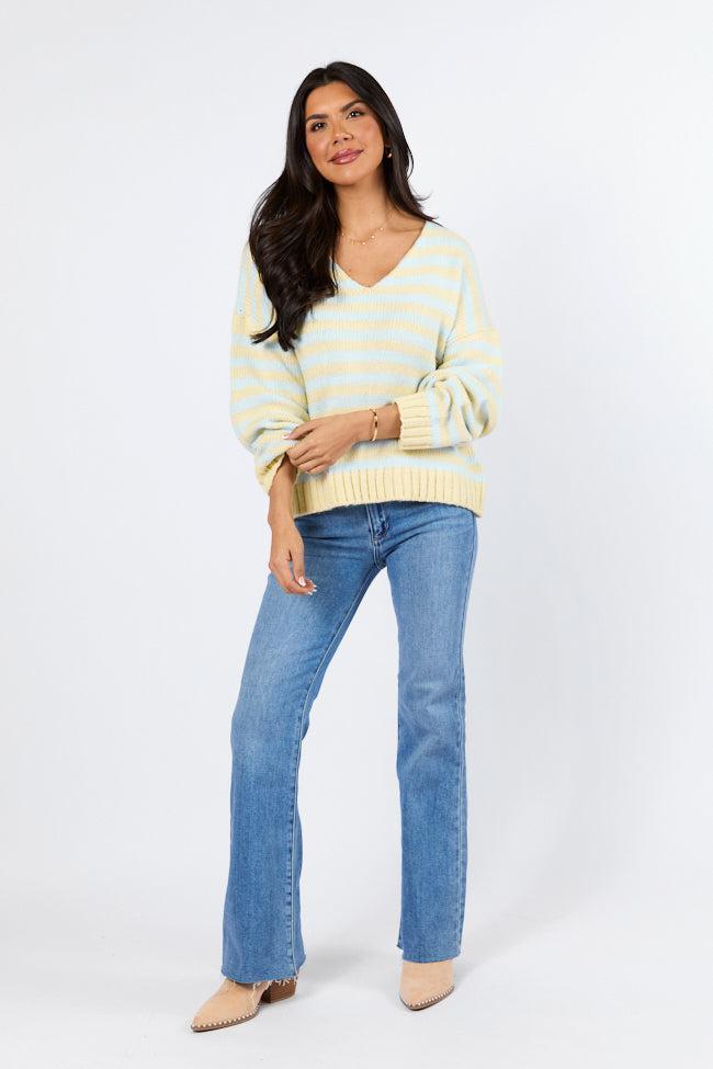 Wait A Minute Yellow and Blue Multi Striped V-Neck Sweater Product Image