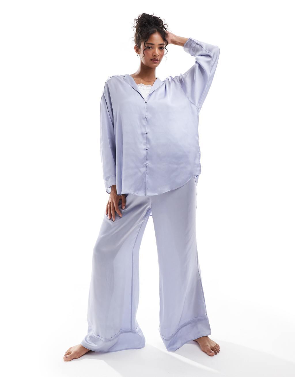 Free People wide leg satin pajama set in light blue Product Image