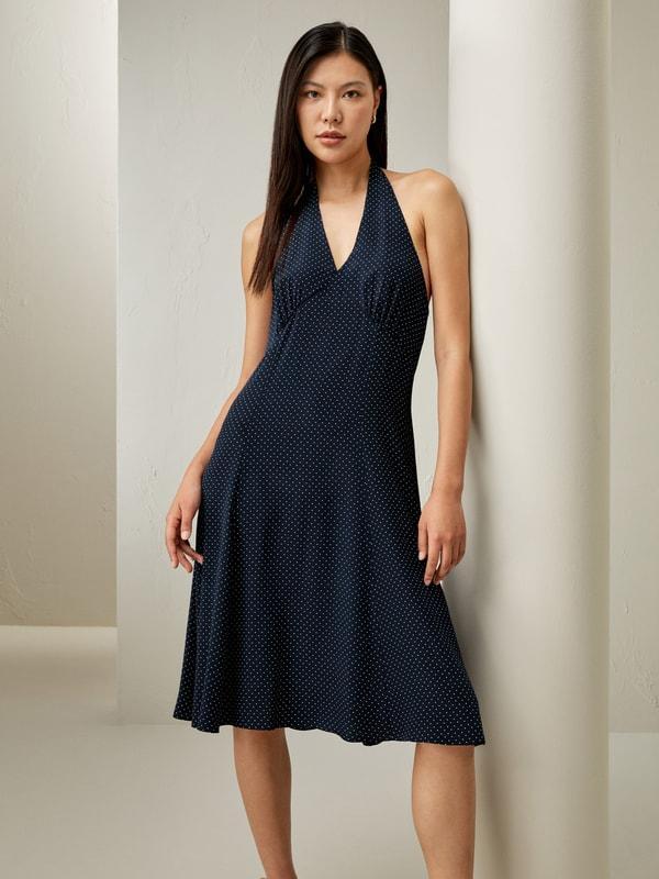 Polka Dot Halter Neck Silk Dress Product Image