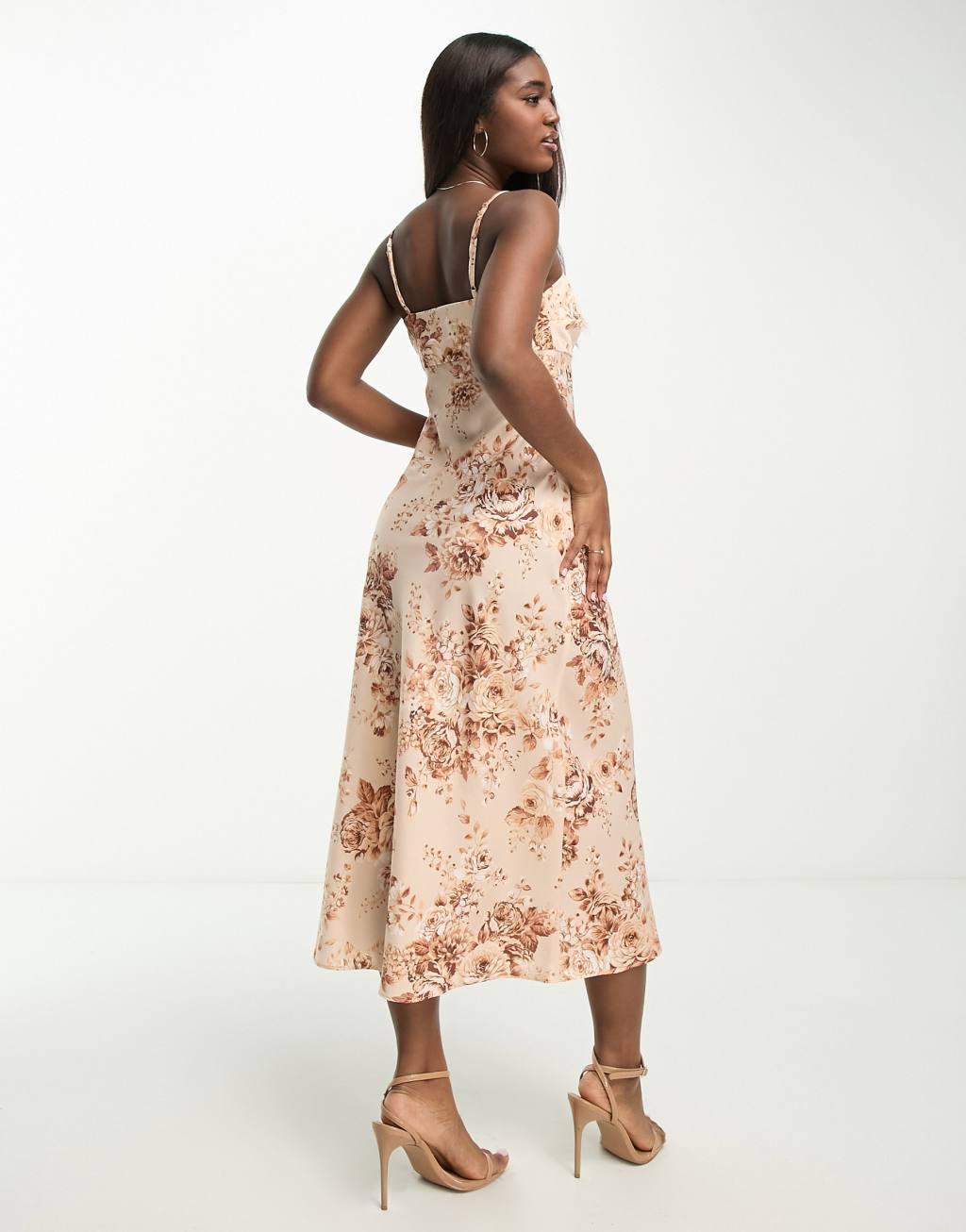 Ever New strappy maxi dress in brown floral satin  Product Image