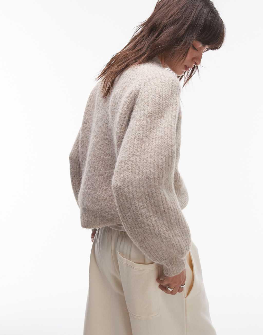 Topshop knit high v-neck fluffy cardigan in oat Product Image