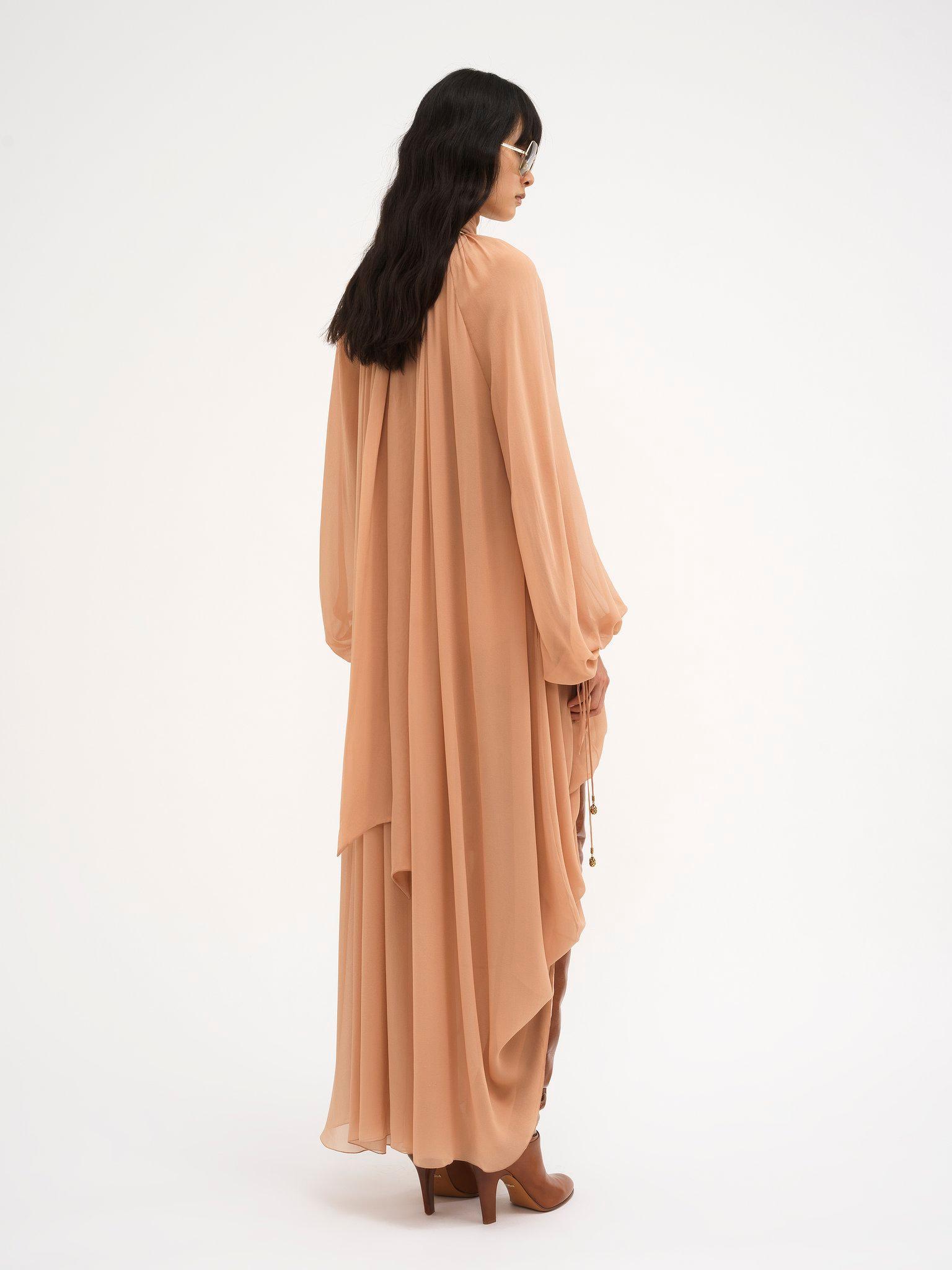 Mock-neck gathered long dress in silk georgette Product Image