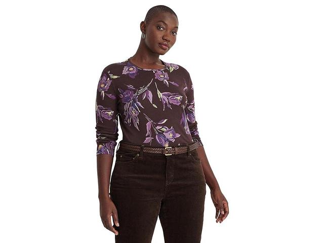 Lauren Ralph Lauren Plus Size Floral Cotton Long Sleeve Tee Purple/Multi) Women's Clothing Product Image