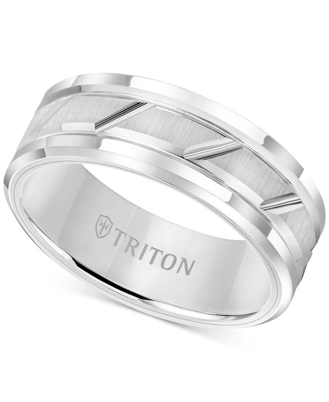 Triton Mens White Tungsten Carbide Ring, 8mm Diamond-Cut Wedding Band Product Image