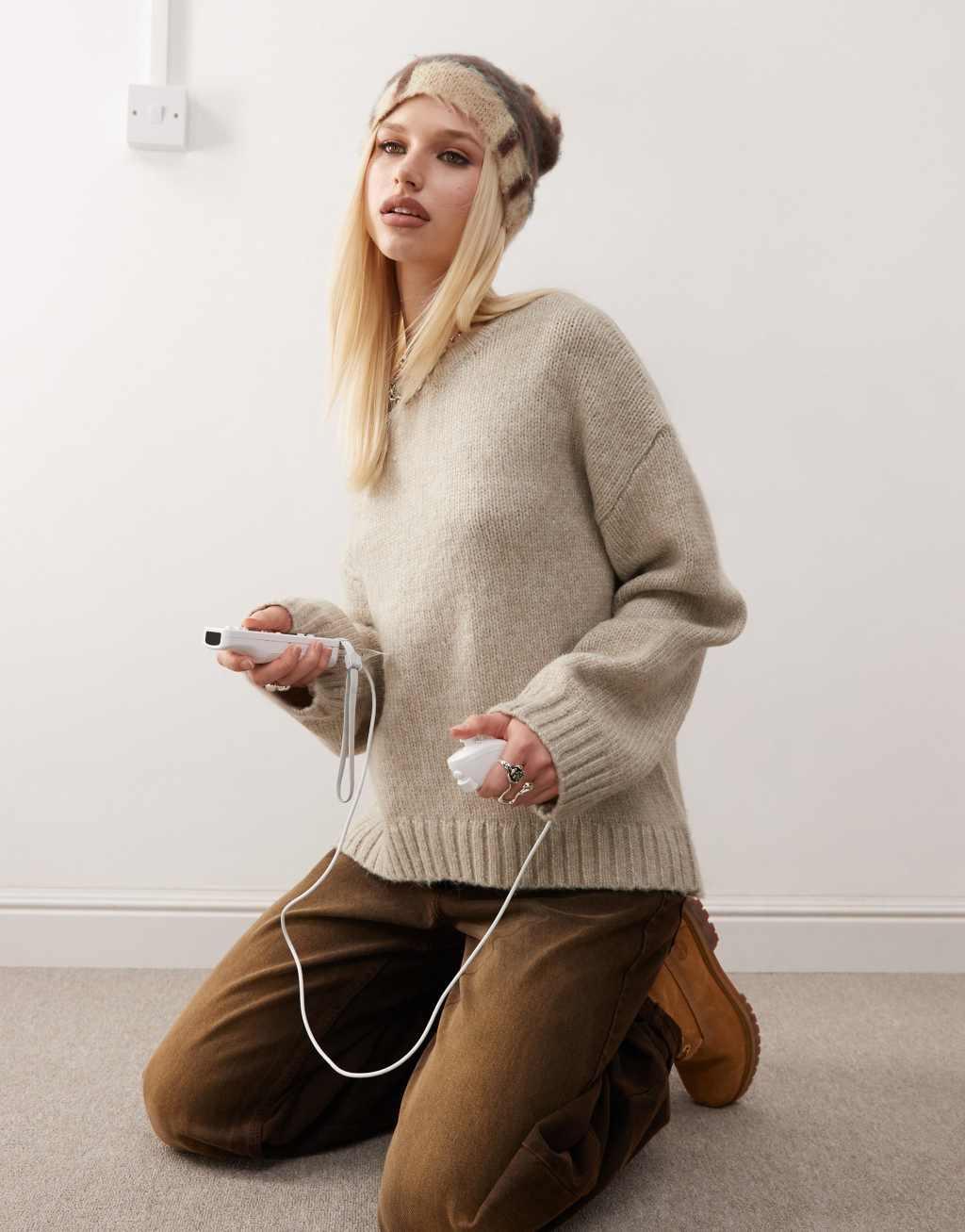 Monki crew neck knitted sweater in beige Product Image