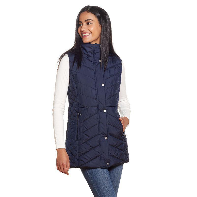 Womens Weathercast Quilted Long Puffer Vest Blue Product Image