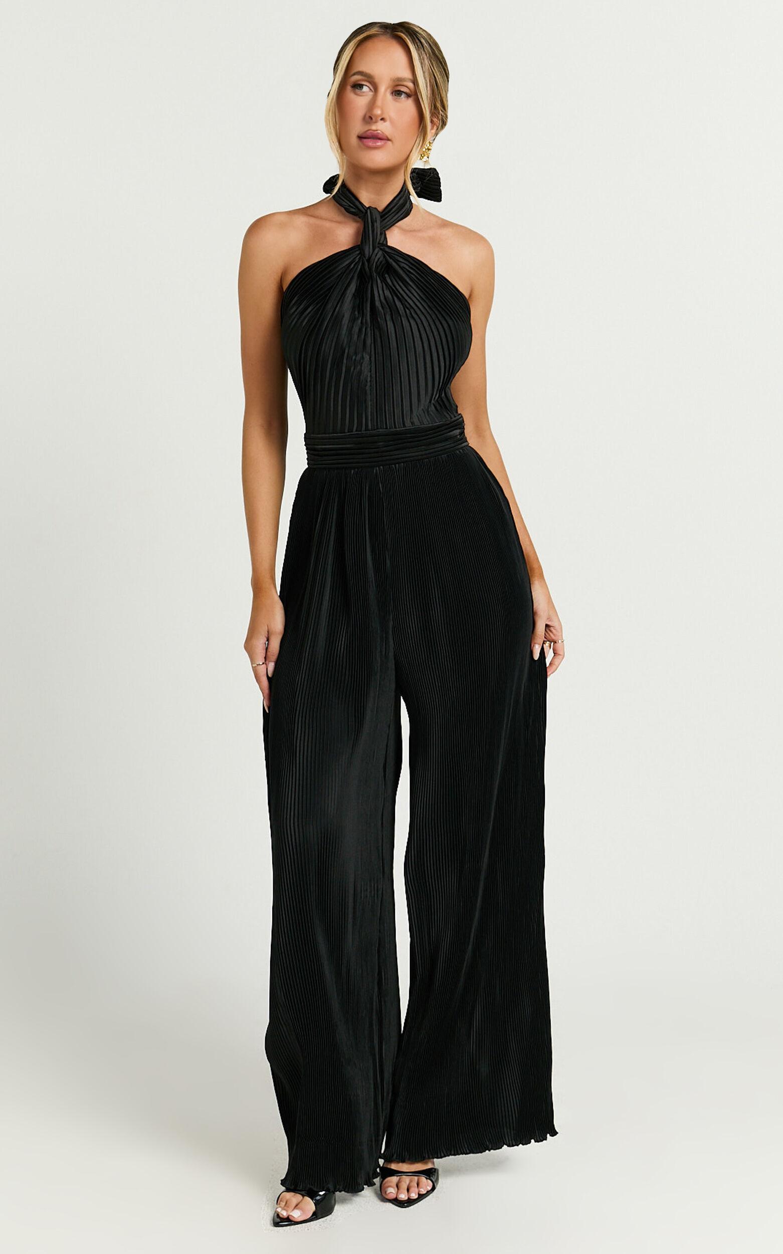 Paris Jumpsuit - Plisse Halter Neck Wide Leg Jumpsuit in Black Product Image