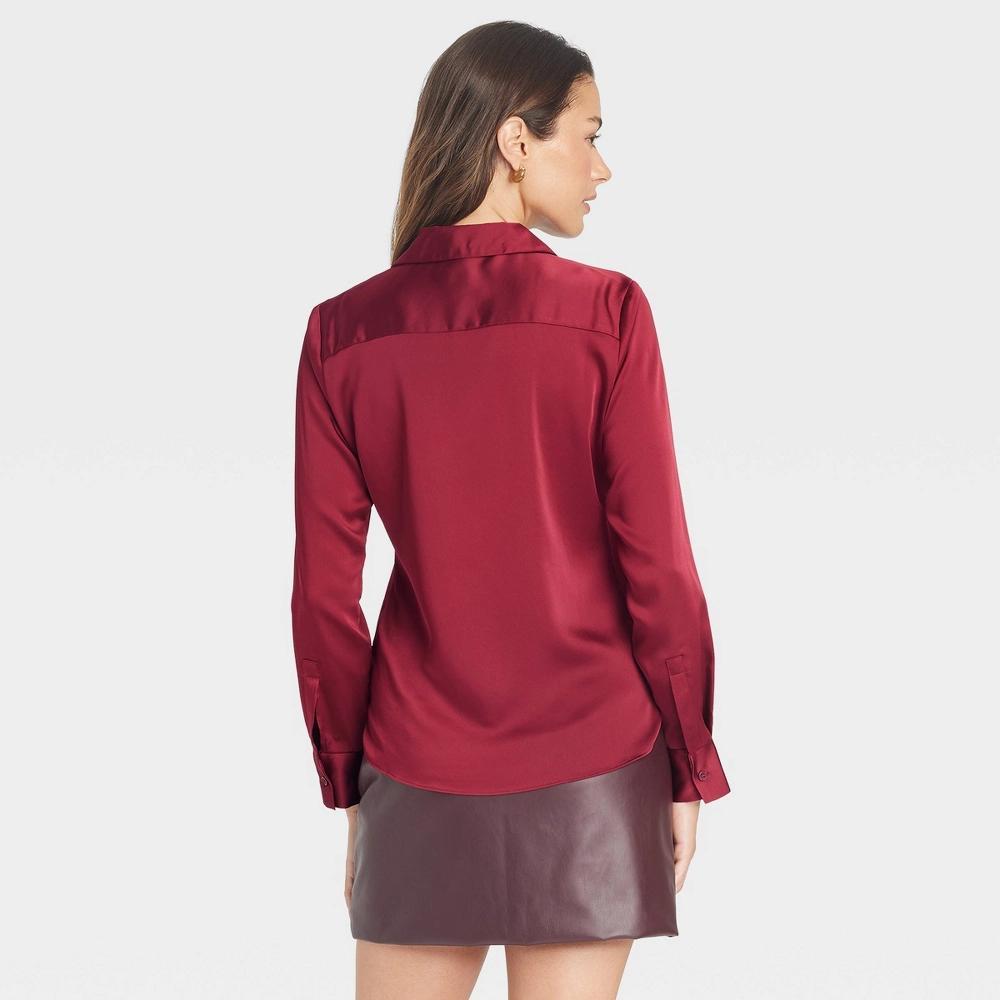 Women's Long Sleeve Satin Button-Down Shirt - A New Day™ Burgundy S Product Image