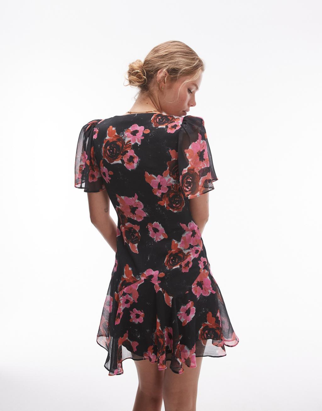 Topshop twist mini tea dress in black and pink floral Product Image