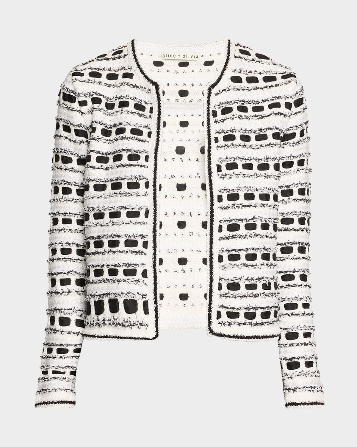 ALICE AND OLIVIA Marjorie Textured Tweed Stitch Cardigan Jacket In Soft Whiteblack Product Image