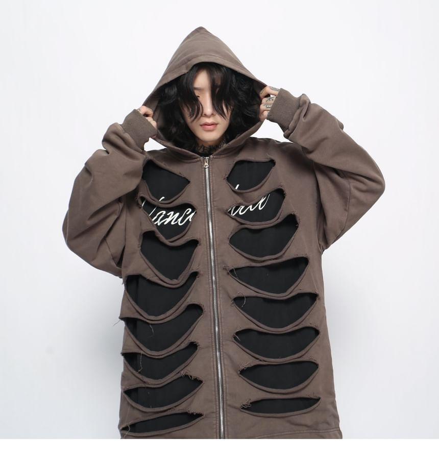 Lettering Distressed Zip Hoodie Product Image