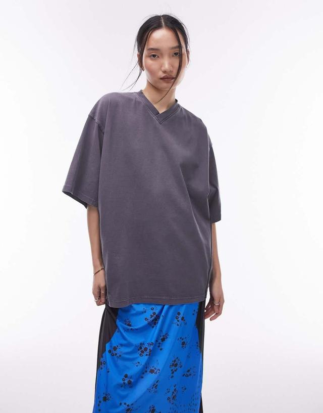 Topshop acid wash v neck oversized tee in charcoal Product Image