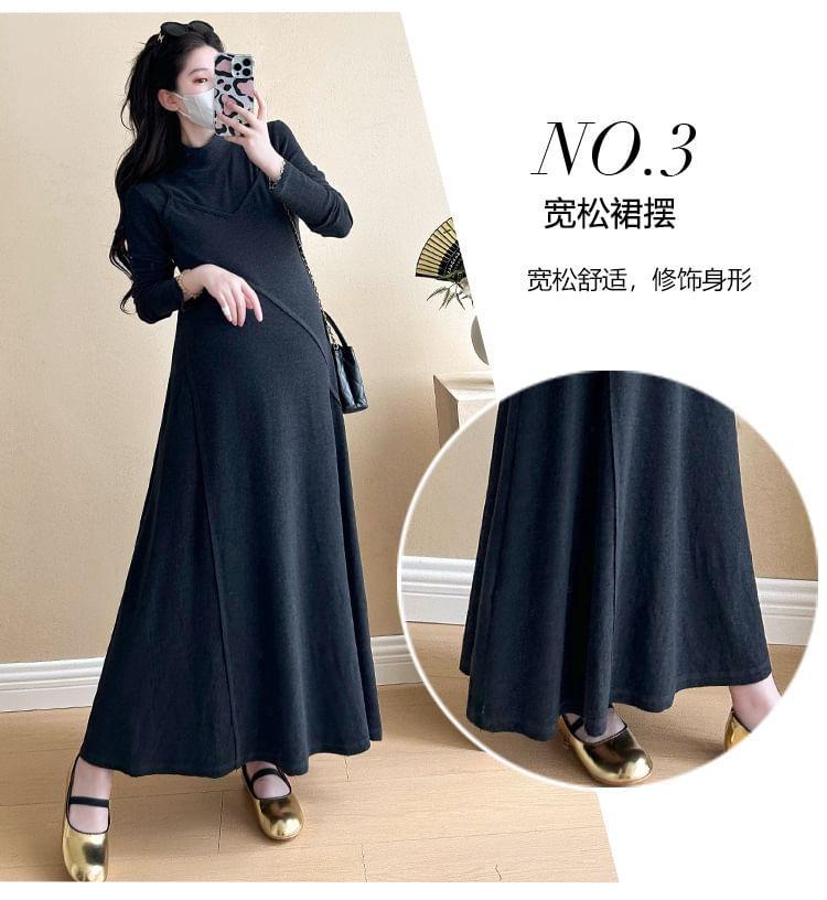 Maternity Long-Sleeve Turtleneck Mock Two-Piece Plain Maxi A-Line Knit Dress Product Image