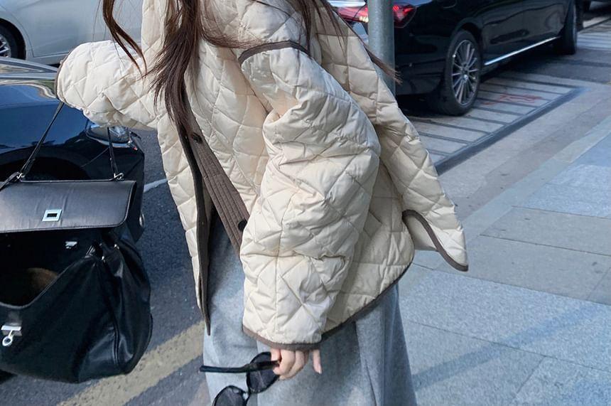 Round Neck Two Tone Quilted Cropped Puffer Jacket Product Image