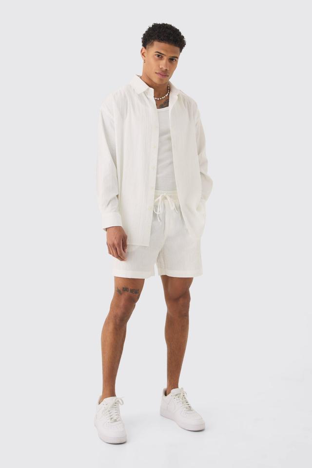 Oversized Stripe Seer Sucker Shirt & Short Set In White | boohooMAN USA Product Image