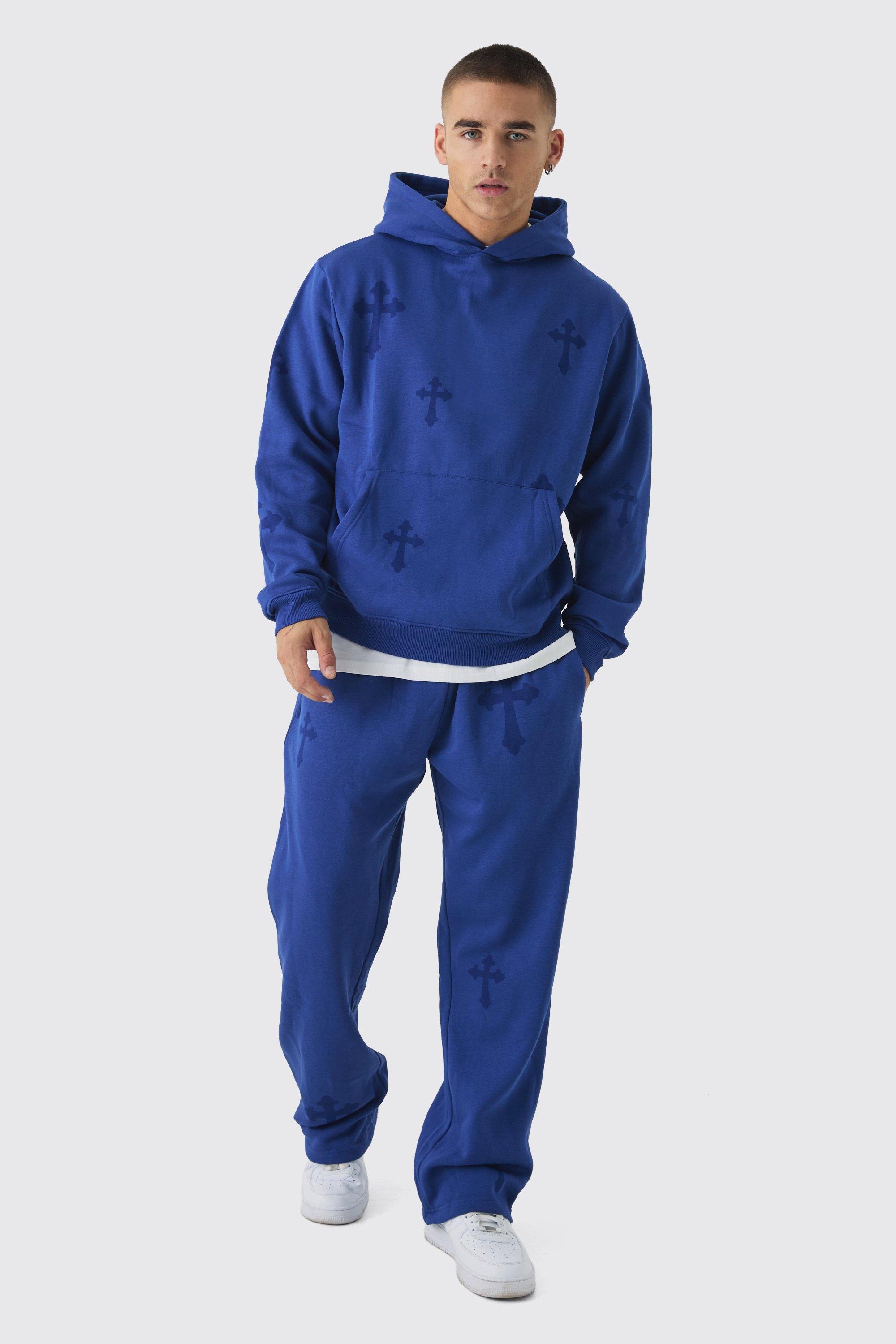 Regular Fit Cross Printed Hooded Tracksuit | boohooMAN USA Product Image