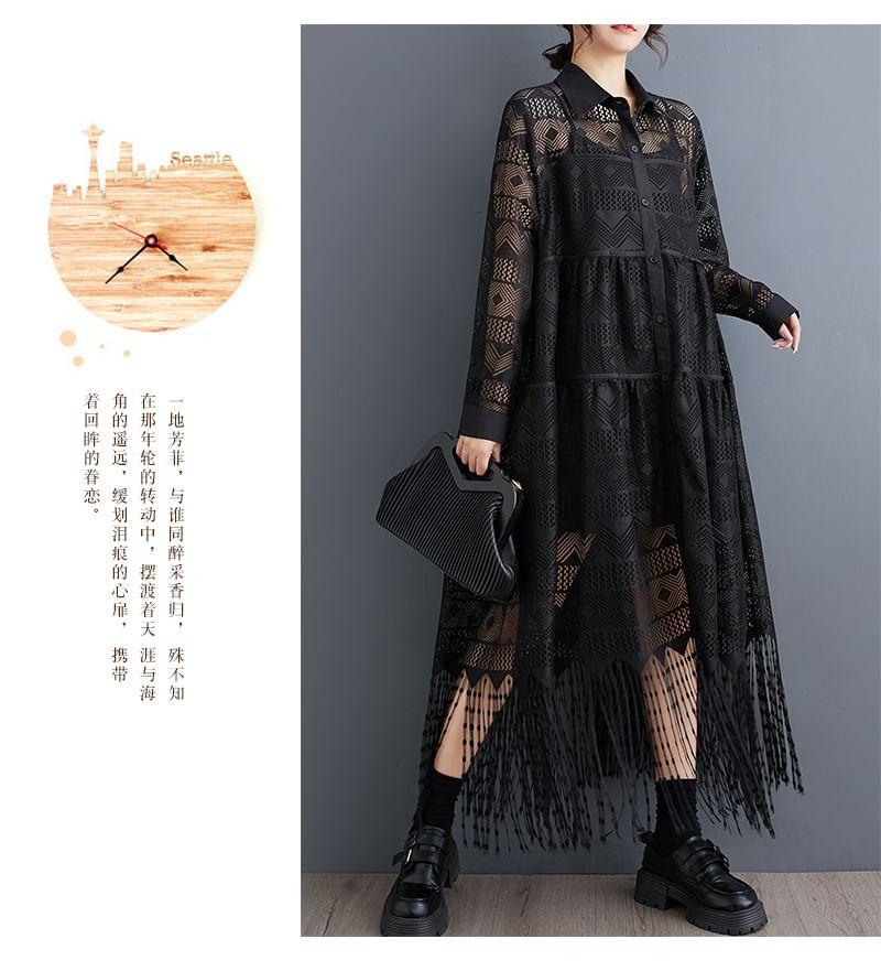 Long-Sleeve Lace Fringed Maxi Shirt Dress Product Image