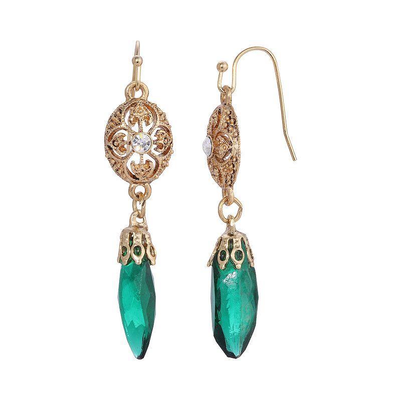 1928 Gold Tone Filigree Icicle Drop Earrings, Womens, Green Product Image