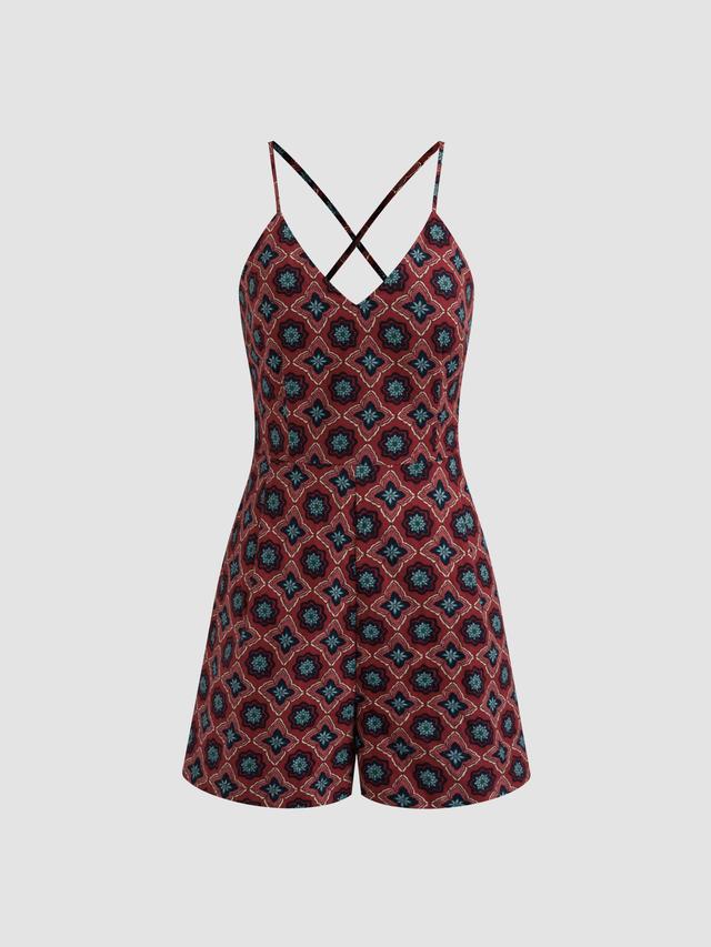 100% Cotton V-neck Floral Criss Cross Pocket Romper Product Image