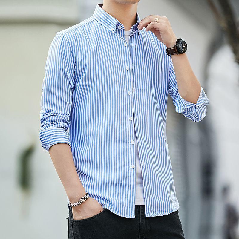 Long Sleeve Collared Button Down Striped Shirt Product Image