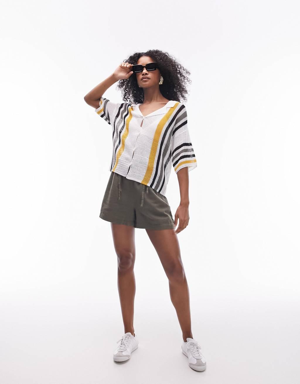 Topshop knitted open stitch stripe polo shirt in multi Product Image