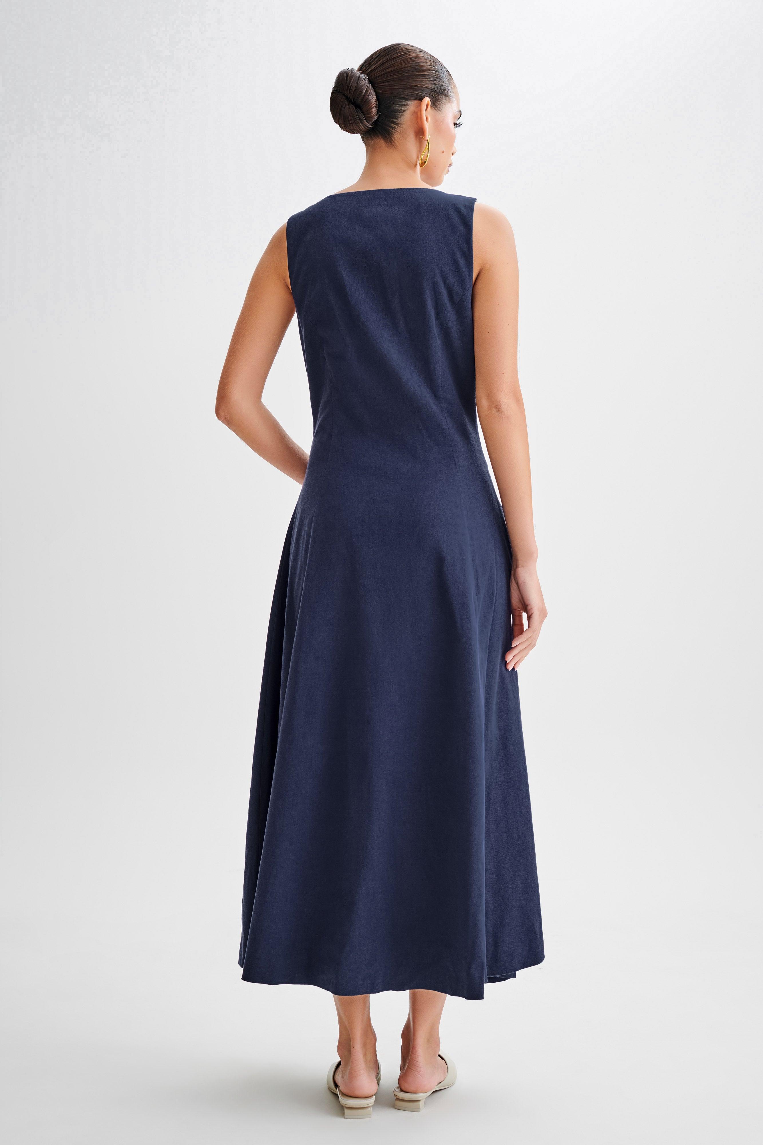 Theodora Cotton Buttoned Midi Dress - Navy Product Image