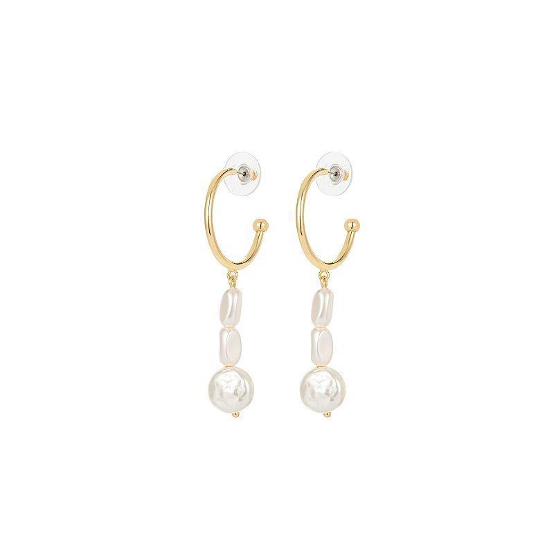 Roman 14k Gold Plated Glass Simulated Baroque Pearls Trio C-Hoop Drop Earrings, Womens, Gold Tone Product Image