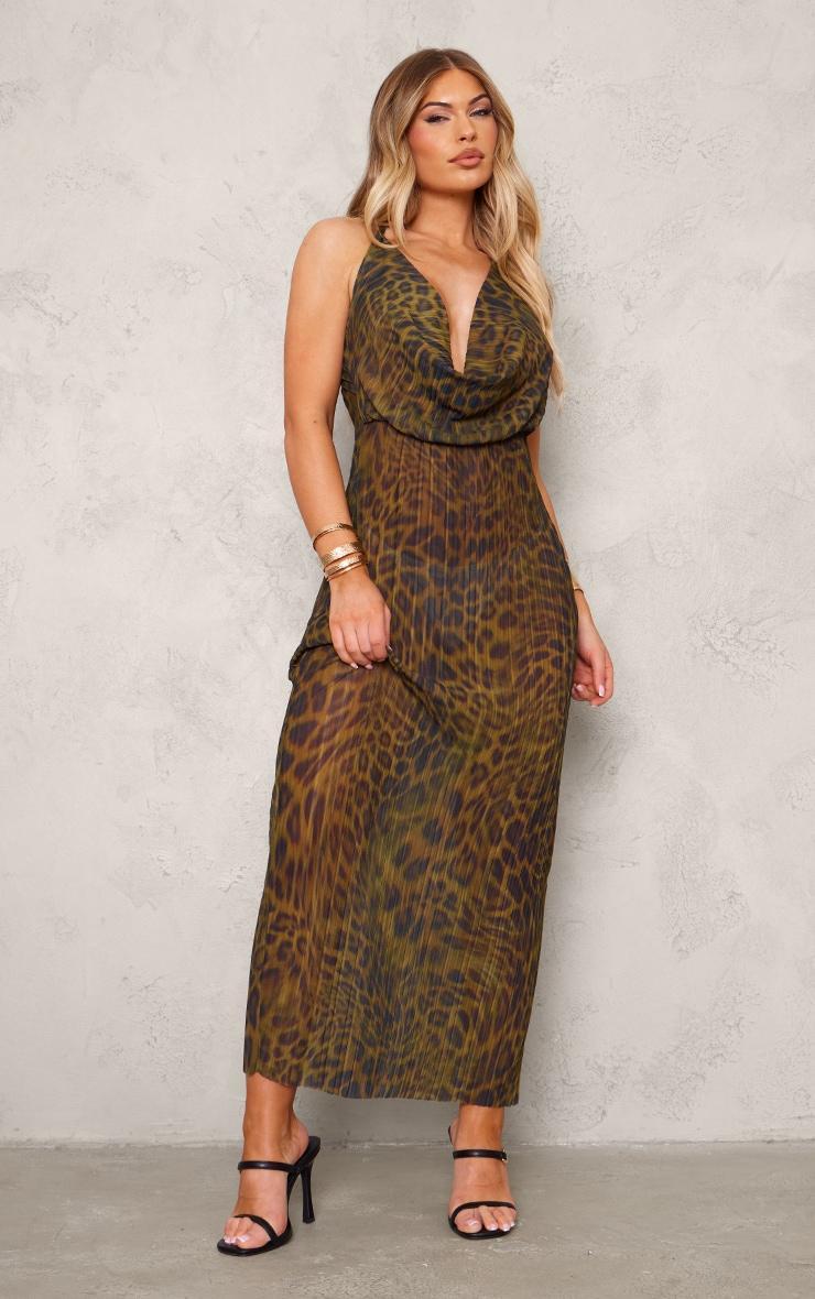 Brown Print Sheer Plisse Cowl Neck Maxi Dress Product Image