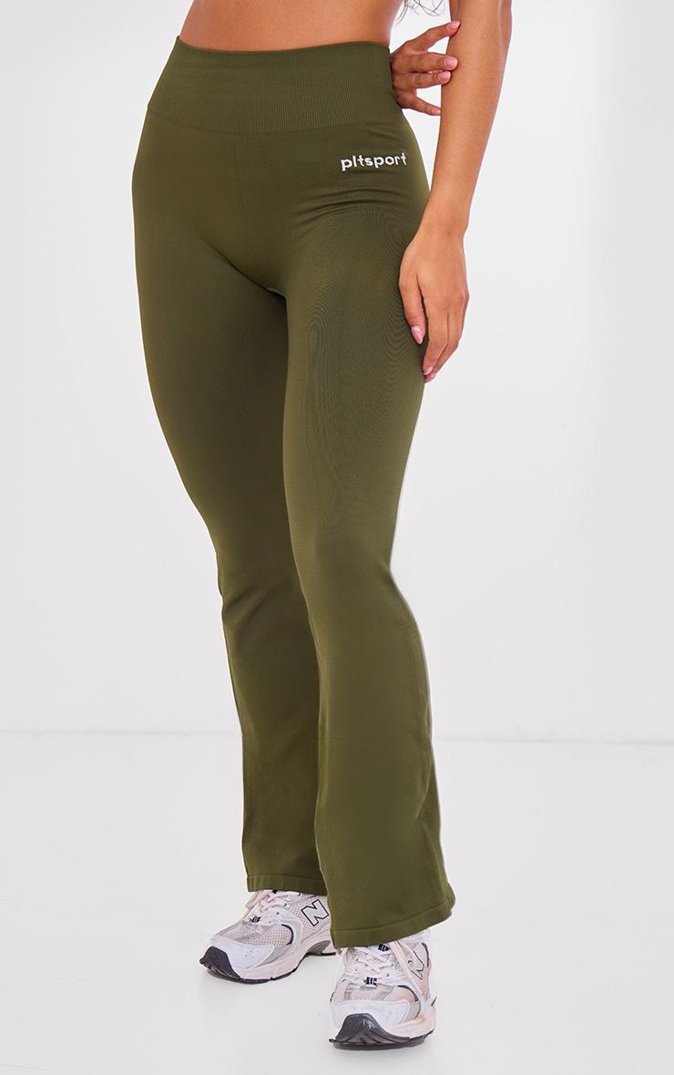 PLT SPORT Khaki Seamless Ribbed Detail High Waist Yoga Flares Product Image