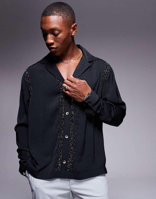 ASOS DESIGN relaxed deep revere shirt with embellishment in black Product Image