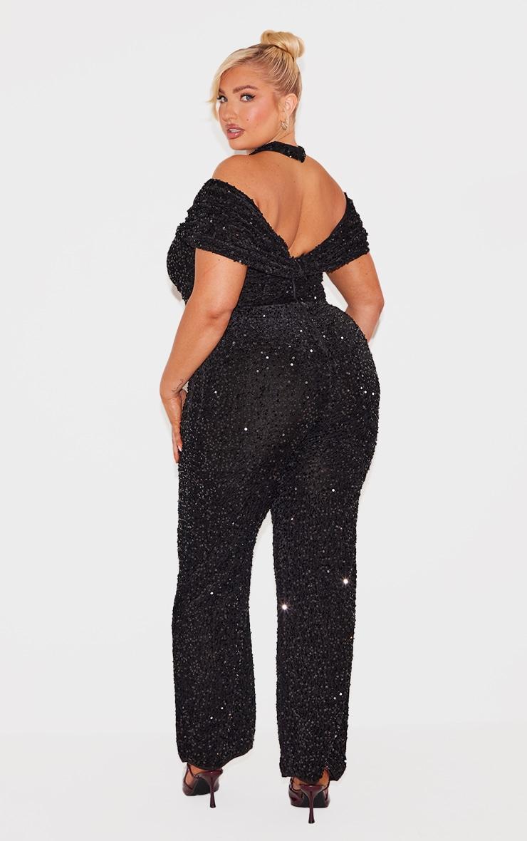 Plus Black Velour Sequined Bardot Halter Neck Strap Jumpsuit Product Image