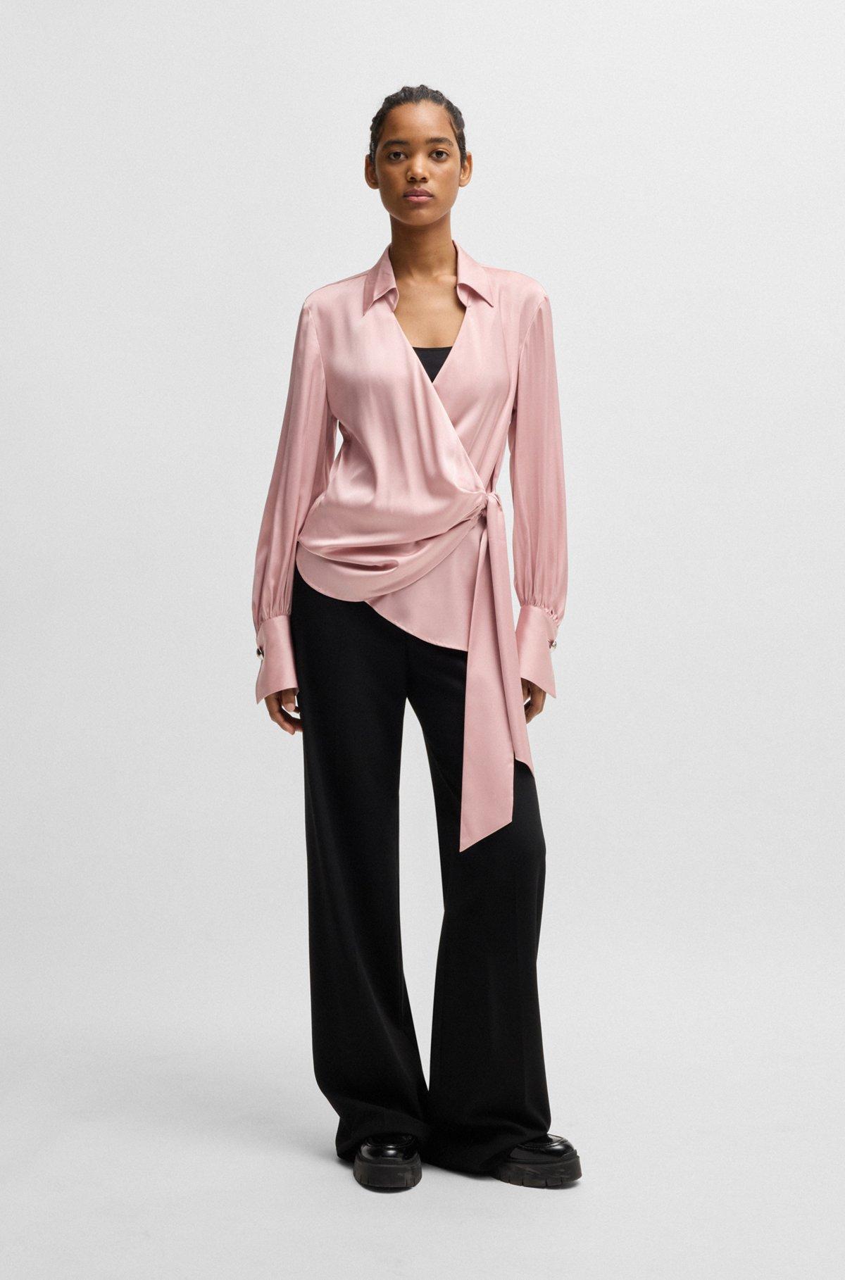 Slim-fit blouse with wrap front and statement cuffs Product Image