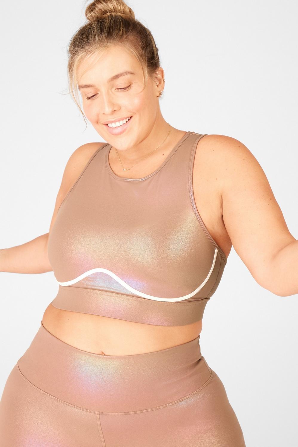 Fabletics Blare Cross Back Medium Impact Shine Sports Bra Womens Iridescent Mocha/Sand Dune plus Size 4X Product Image