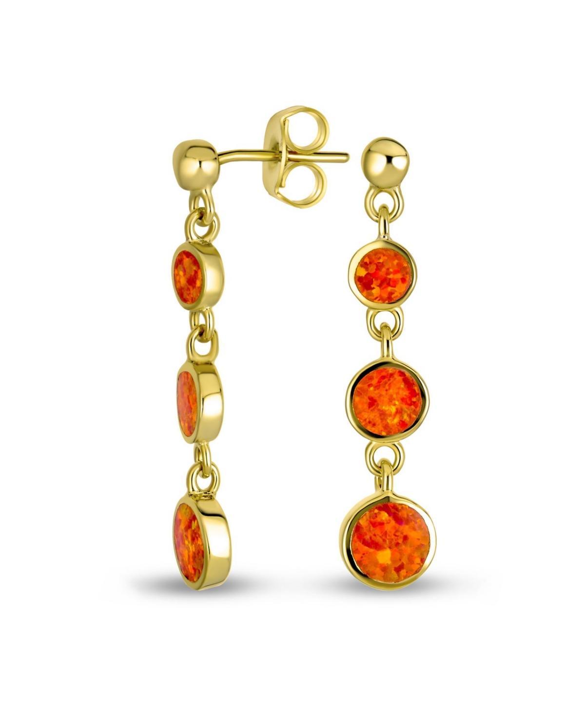 Geometric Gemstone 3 Bezel Round Disc Linear Orange Fire Circle Opal Dangle Earrings For Women 14K Gold Plated.925 Sterling Silver Product Image