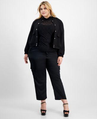 Trendy Plus Size Bomber Jacket, Mesh Top & Shine Cargo Pants, Created for Macy's Product Image