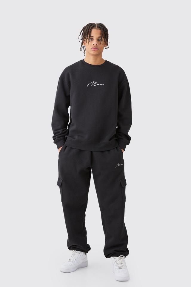 Mens Black Man Signature Oversized Sweatshirt Cargo Tracksuit, Black Product Image