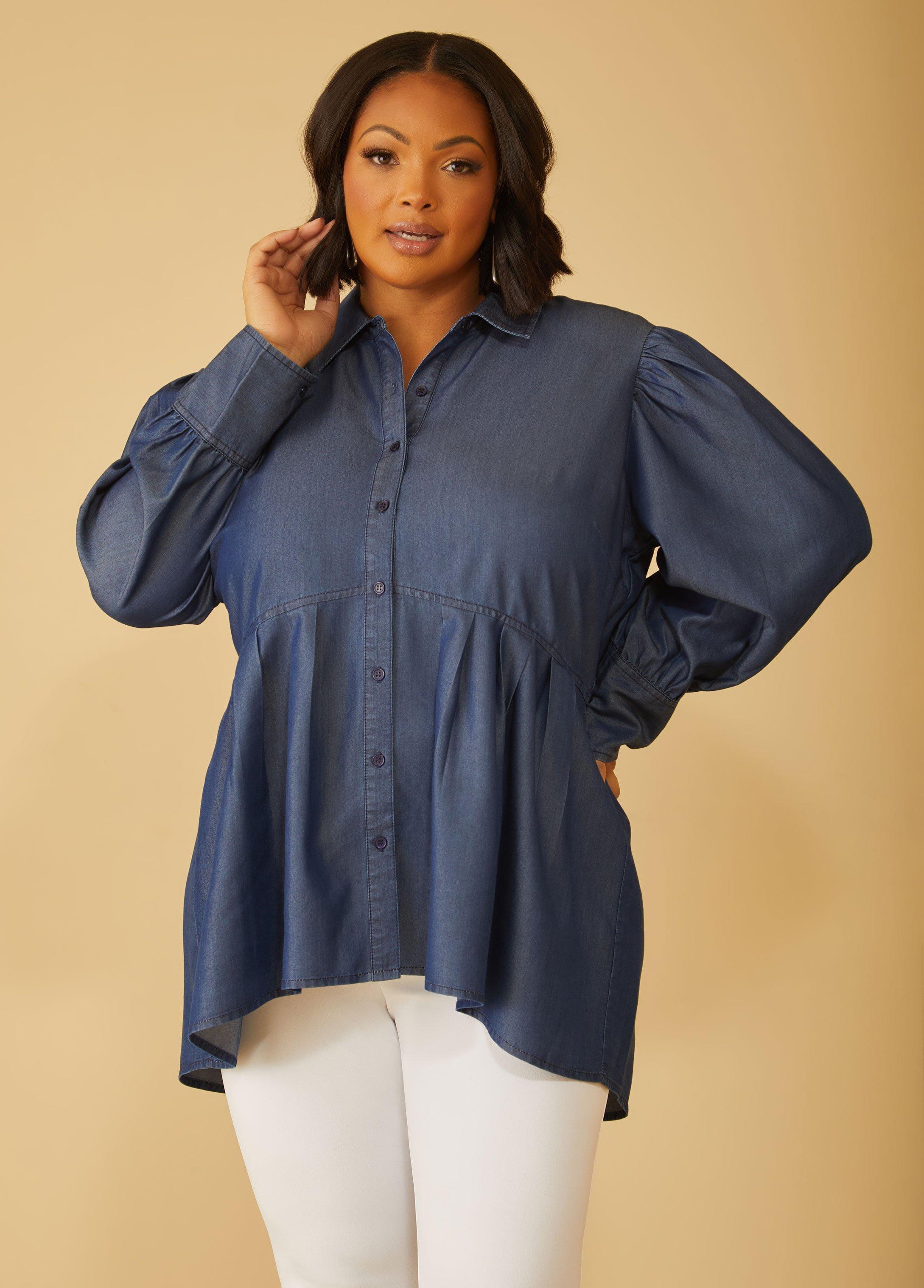 Plus Size Hi Low Chambray Shirt Ashley Stewart Product Image