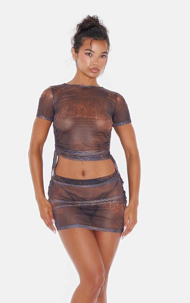 Brown Snake Print Mesh Short Sleeve Ruched Side Crop Top Product Image