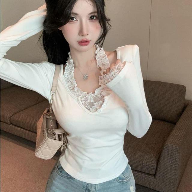 Long Sleeve Halter Plain Mock Two Piece Panel Lace Top Product Image