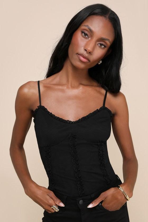 Fine Treasure Black Mesh Ruffled Scoop Neck Cami Top product image