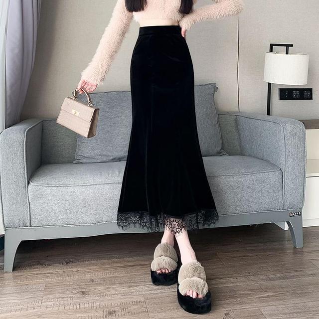 High Rise Velvet Lace Trim Midi Mermaid Skirt Product Image